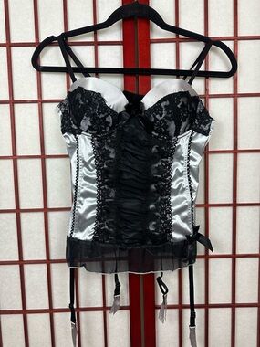 Native Intimates Silver and Black Satin Lace Corset Lingerie Top Garter Straps